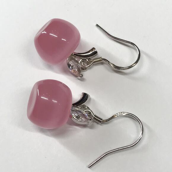 Cute 925 Sterling Silver Pink Cats Eye Apple Drop Dangle Earrings Teacher Gift - Picture 10 of 10
